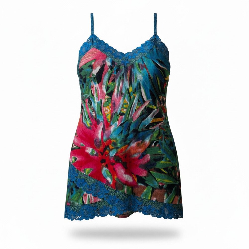 Josie Natori Tropical Floral Satin Chemise Nightgown Blue Lace Trim Size Small